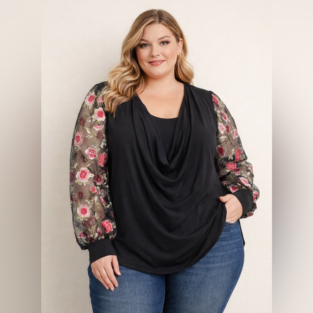 VENUS Black Top with Floral Embroidered Sleeves